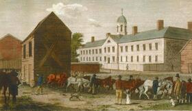 Eighteenth-century Illustration of men and horses moving a building.